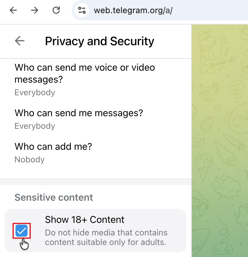 Telegram web show 18+ content